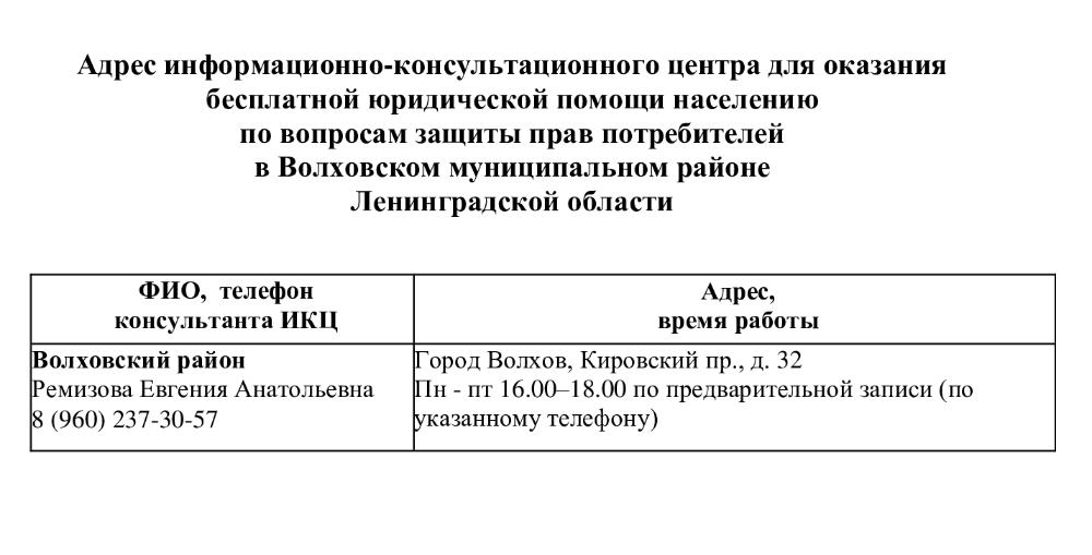 Информационно-консультационный центр для оказания бесплатной юридической помощи населению по вопросам защиты прав потребителей